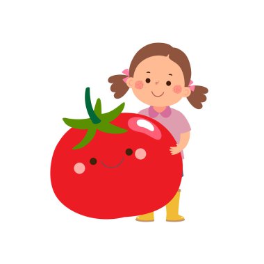 Sevimli dev domatesli çizgi film kızı. Çocuklar için sağlıklı yiyecekler