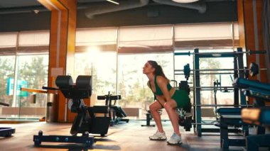 Spor giyimli zayıf atletik beyaz kadın spor salonunda kettlebell ile çömelme hareketi yapıyor. Spor ve eğlence kavramı..