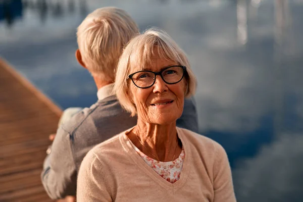 Elderly Intelligent Gray Haired Couple Love Sitting Pier Seaport Having — Stock Photo, Image