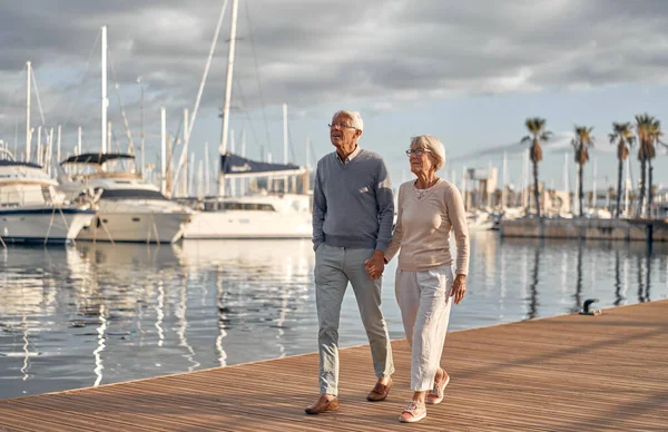 高齢者のインテリジェントな白髪のカップルは 豪華なヨットやボートで港の桟橋を歩くのが大好き ロマンチックな時間を過ごす 海の景色を賞賛 — ストック写真