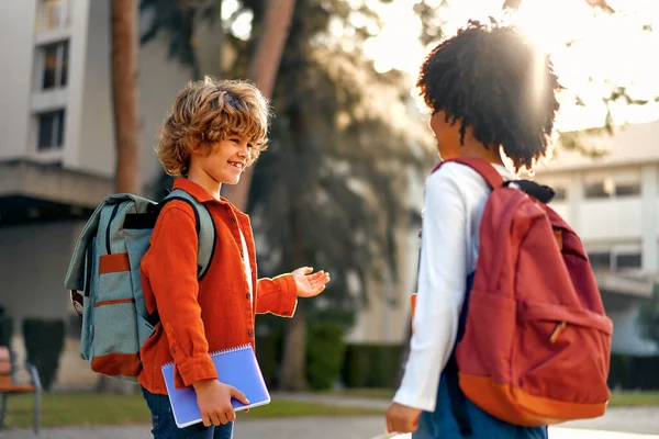 快乐聪明的孩子手里拿着书包和笔记本 奔向学校上课 回学校去一个非裔美国女学生和她的同学放学后在街上散步 — 图库照片