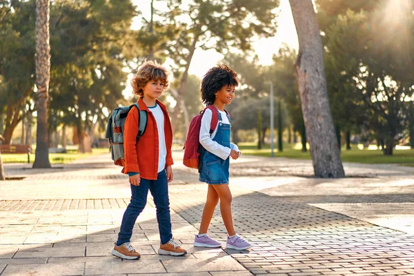带着书包的快乐聪明的孩子们奔向学校上课 回学校去一个非裔美国女学生和她的同学放学后在街上散步 — 图库照片