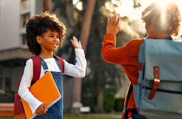 快乐聪明的孩子手里拿着书包和笔记本 奔向学校上课 回学校去一个非裔美国女学生和她的同学放学后在街上散步 — 图库照片