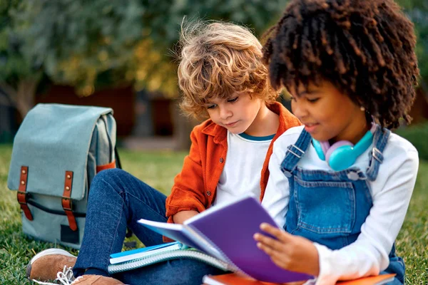 可爱的学童坐在公园的草地上一起做作业 回学校去非洲裔美国女孩和白人可爱的男孩放学后交流 — 图库照片