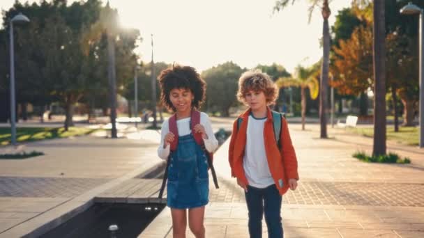 带着书包的快乐聪明的孩子们奔向学校上课 回学校去一个非裔美国女学生和她的同学放学后在街上散步 — 图库视频影像