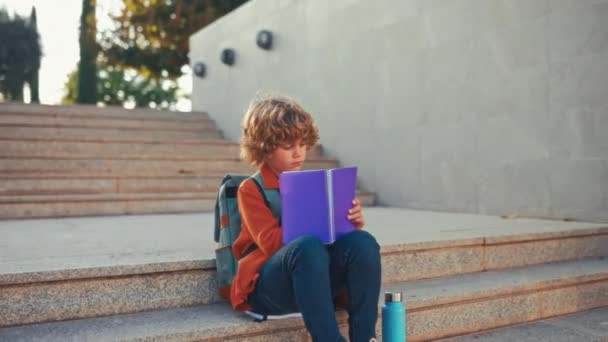学校に戻る バックパック付きのかわいい子供が学校の近くの階段に座って教科書を読んでいます 授業後に宿題を勉強する小学生 — ストック動画