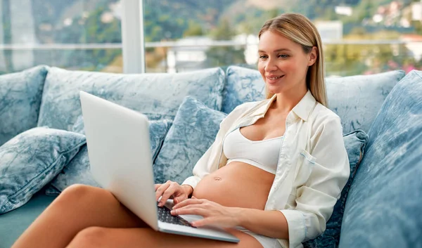 一位年轻的孕妇坐在客厅里她家窗边的蓝色天鹅绒沙发上 带着笔记本电脑 产妇和怀孕概念 — 图库照片