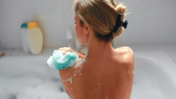 Beautiful Woman Lying White Foam Bath Bathing Washcloth Enjoying Relaxing — Stock Video