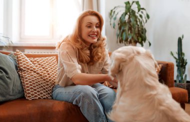 Güzel sarışın kadın labrador köpeğiyle oynarken evdeki kanepede oturup, hafta sonunu birlikte geçirerek eğleniyor..