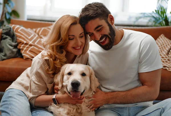 Young couple playing and hugging their pet labrador dog while sitting on the sofa by the window in the living room at home, having fun together.