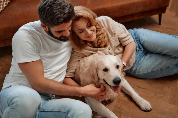 Young couple playing and hugging their pet labrador dog while sitting on the floor near the sofa in the living room at home, having fun together.