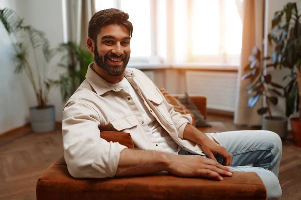 Adult Bearded Handsome Man Sitting Armchair Living Room Background Window — Stock Photo, Image