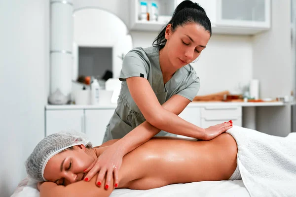 Closeup Relaxed Young Woman Lying Face Massage Table Enjoying Remedial — Stock Photo, Image
