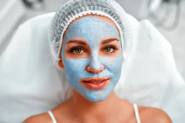 Close Woman Face Applied Clay Blue Peeling Peeling Mask Lying — Stock Photo, Image