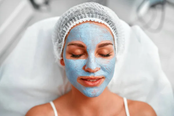 Close Woman Face Applied Clay Blue Peeling Peeling Mask Lying — Stock Photo, Image