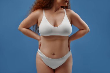 Genç, güzel, kızıl saçlı, kilolu ya da tombul bir kadın doğal bedenini kutluyor. Mavi arka planda beyaz iç çamaşırlı güzel bir kadın model. Minimum makyajlı yaşam tarzı portresi