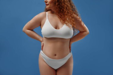 Genç, güzel, kızıl saçlı, kilolu ya da tombul bir kadın doğal bedenini kutluyor. Mavi arka planda beyaz iç çamaşırlı güzel bir kadın model. Minimum makyajlı yaşam tarzı portresi