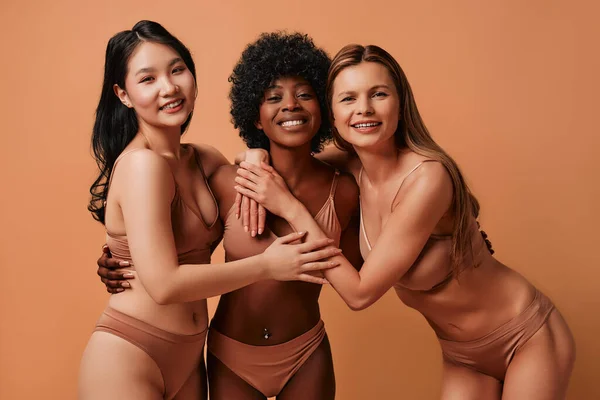 Multi Ethnic Multiracial Young Women Beige Lingerie Isolated Beige Background — Stock Photo, Image
