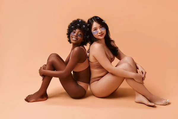 African American Asian Young Women Using Eye Patches Lingerie Posing — Stock Photo, Image