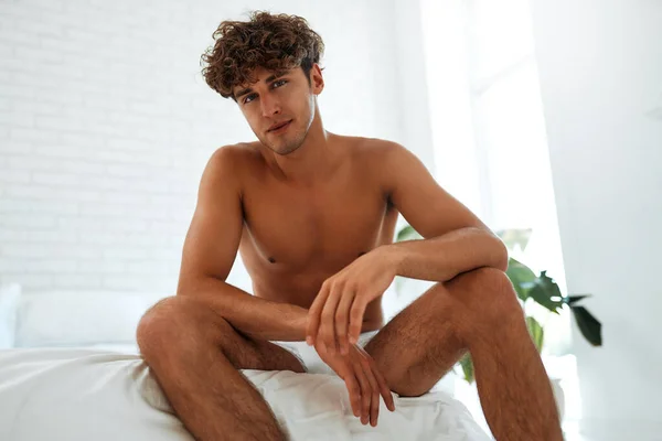 Handsome Muscular Sexy Young Man White Shorts Naked Torso Sitting — Stock Photo, Image