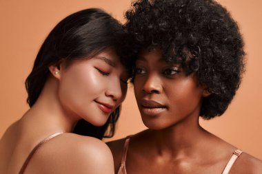 Bej bir arka planda izole edilmiş mükemmel parlak cilde sahip Asyalı ve Afro-Amerikalı bir kadının yakın portresi. Kozmetik ve kaplıca tedavileri. Cilt bakımı kavramı.
