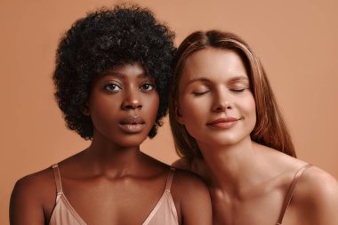 Beyaz ve Afro-Amerikan bir kadının portresi. Bej bir arka planda izole edilmiş parlak bir cildi var. Kozmetik ve kaplıca tedavileri. Cilt bakımı kavramı.