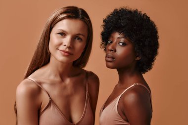 Beyaz ve Afro-Amerikan bir kadının portresi. Bej bir arka planda izole edilmiş parlak bir cildi var. Kozmetik ve kaplıca tedavileri. Cilt bakımı kavramı.