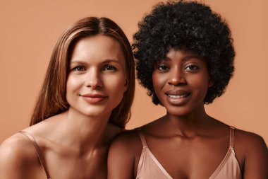 Beyaz ve Afro-Amerikan bir kadının portresi. Bej bir arka planda izole edilmiş parlak bir cildi var. Kozmetik ve kaplıca tedavileri. Cilt bakımı kavramı.