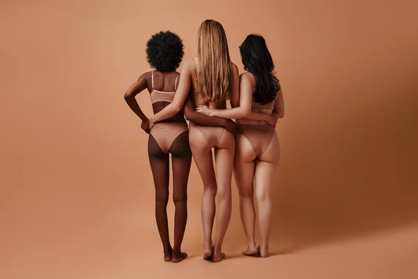 Back view of multiethnic women in beige lingerie with perfect bodies standing against beige background hugging each other. Depilation and epilation, body care, cosmetology and spa treatments.