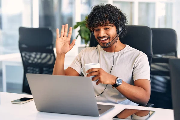 Technical Support Operator Working Headset Office Smiling Handsome Man Working — Stock Photo, Image