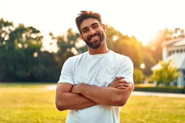 Handsome Young Bearded Man White Shirt Standing Arms Crossed Meadow — Stock Photo, Image