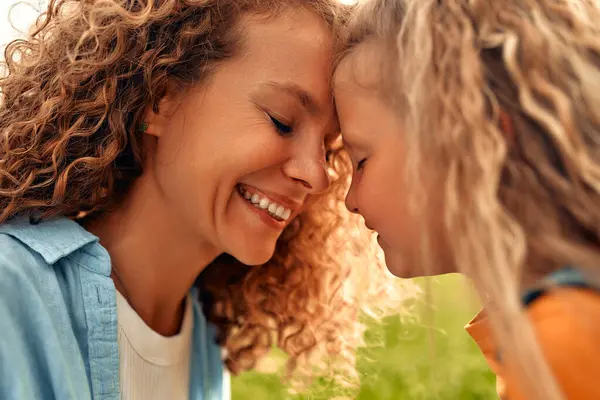 Happy Young Beautiful Mother Her Daughter Pressing Foreheads Together Expressing — Stock Photo, Image