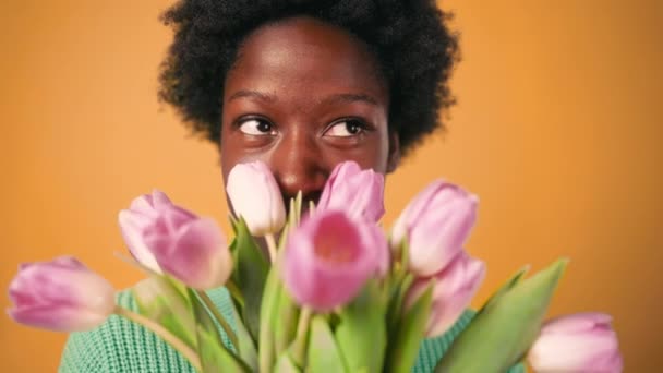 Afroameričanka Afro Účesem Stojící Svetru Jasně Oranžovém Pozadí Kyticí Tulipánů — Stock video