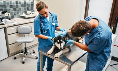 Mavi üniformalı veteriner doktorlar, veterinerlik kliniğinin modern ofisinde bir köpek husky üzerinde rutin bir inceleme yapıyorlar. Evcil hayvanların tedavisi ve aşılanması.