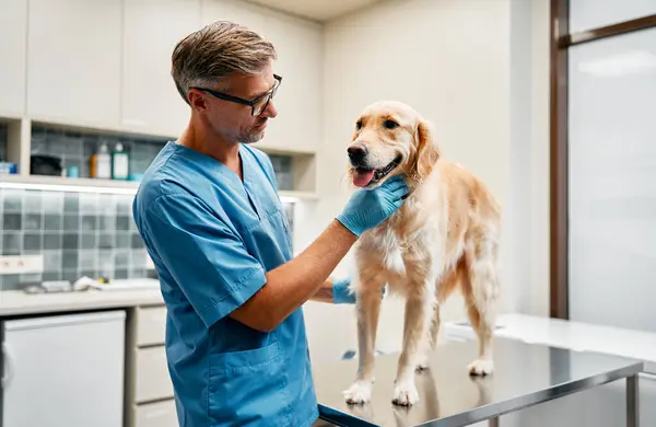 Médico Veterinario Uniforme Azul Realizar Examen Rutina Perro Sobre Una — Foto de Stock