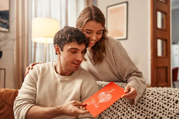 Happy Valentine Day Woman Gives Greeting Card Her Beloved Man — Stock Photo, Image