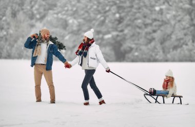 Mutlu Noeller ve mutlu yıllar. Mutlu bir aile, kızakla bir çocuğa biner ve tatil hazırlıkları için karlı bir patika boyunca ormandan bir Noel ağacı taşır..