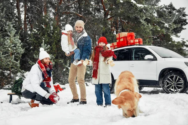 Рождеством Новым Годом Семья Детьми Собака Стоящая Машины Коробками Подарков — стоковое фото