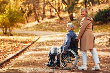 Sonbaharda kocasıyla parkta tekerlekli sandalyede yürüyen güzel bir son sınıf öğrencisi. Rehabilitasyonda yardım ve bakım.