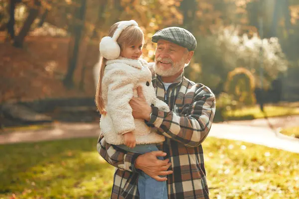 Grandfather Walking Playing His Cute Little Granddaughter Park Autumn — Stock Photo, Image