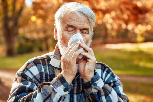 Mature Gray Haired Man Fell Ill Wiping His Nose Handkerchief — Stock Photo, Image