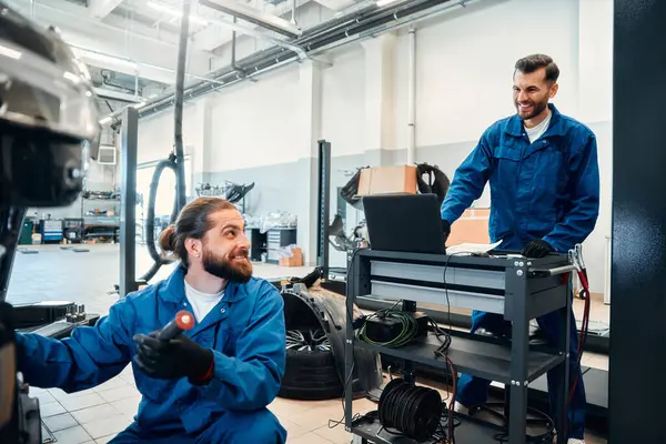Two Service Mechanics Inspect Car Receiving Diagnostic Results Repair Service — Stock Photo, Image