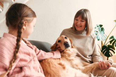 Şirin torunuyla oynayan ve köpekle sıcak oturma odasında eğlenen büyük anne, birlikte iyi vakit geçiriyorlar..