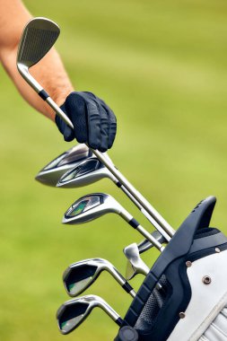 Kendini adamış bir golfçü golf sopalarını dikkatlice ayarlarken yemyeşil çayırda duruyor, tamamen hazır ve odaklanmış, arkadaşlarıyla heyecan verici ve heyecan verici bir oyuna hazır.