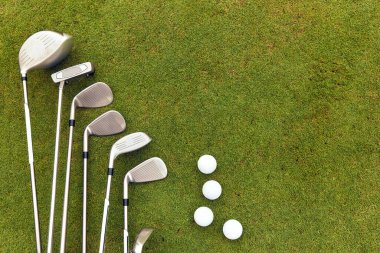 Coşkulu oyuncular ve deneyimli golf profesyonelleri için gerekli malzemelerin sergilendiği canlı yeşil çimenlikte çeşitli golf sopaları ve toplarından oluşan Wellorganize bir koleksiyon düzenlenmiştir.