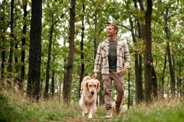 Sadık golden retriever 'ı eşliğinde yemyeşil ve yemyeşil ormanda rahatça gezinen bir adam yolculuklarında hem doğanın güzelliğinin hem de refakatinin tadını çıkarır.