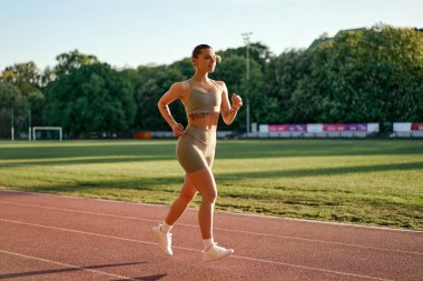 Spor giyimli genç bir bayan gün batımında stadyum pistinde koşuyor. Zindelik, kararlılık ve aktif yaşam tarzı kavramı.