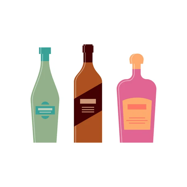 Conjunto Botellas Licor Brandy Vermut Botella Icono Con Tapa Etiqueta — Vector de stock