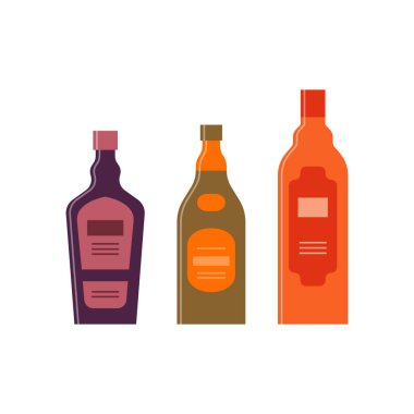 İçki şişeleri, brendi, balsam. Her amaç için harika bir tasarım. Kapaklı ve etiketli ikon şişesi. Düz stil. Renk formu. Parti içkisi konsepti. Basit resim şekli