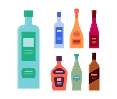 Cin, votka, şampanya, likör, vermut viski. Kapaklı ve etiketli ikon şişesi. Herhangi bir amaç için grafiksel tasarım. Düz stil. Renk formu. Parti içkisi konsepti. Basit resim şekli